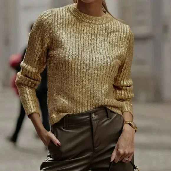 BLOGGER’S FAVE | NWT ZARA GOLD METALLIC SHIMMER CRACKLED KNIT SWEATER - Picture 1 of 11